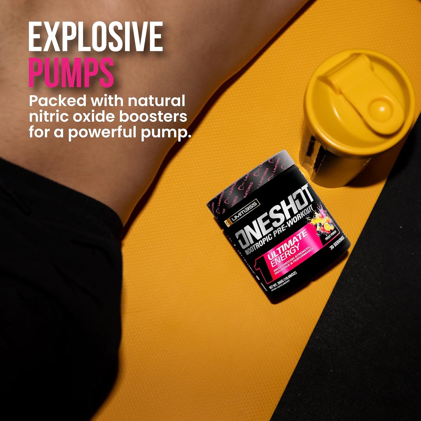 OneShot LIMITLESS Pre Workout Powder with BCAAs, Caffeine, Beta Alanine, Citrulline Malate - Fruit Punch - 30 Servings