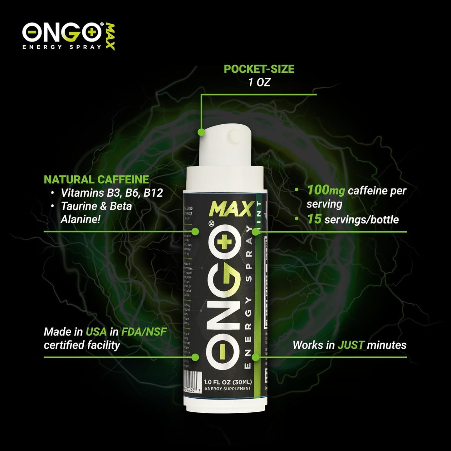 OnGo Energy Spray MAX: 100mg Natural Caffeine, B3, B6, B12 & Taurine for Fast-Acting Energy - Sugar-Free, Gluten-Free, Mint Flavor - 15 Servings - USA Made