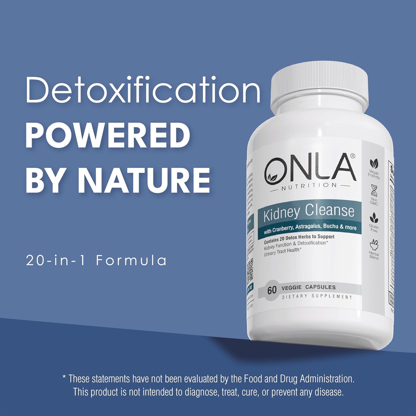 ONLA Vegan Kidney Cleanse Capsules - 20-in-1 Natural Urinary Tract Supplement for Kidney & Bladder Support - Detox & Repair with Cranberry, Astragalus, Buchu, Uva Ursi - 60 Capsules