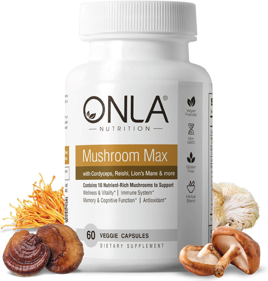 ONLA Vegan Mushroom Supplement - Immune Support & Brain Boost - Lions Mane, Reishi, Cordyceps, Shiitake Capsules (60 ct)