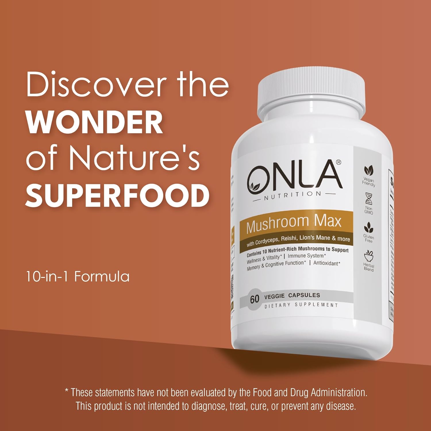 ONLA Vegan Mushroom Supplement - Immune Support & Brain Boost - Lions Mane, Reishi, Cordyceps, Shiitake Capsules (60 ct)