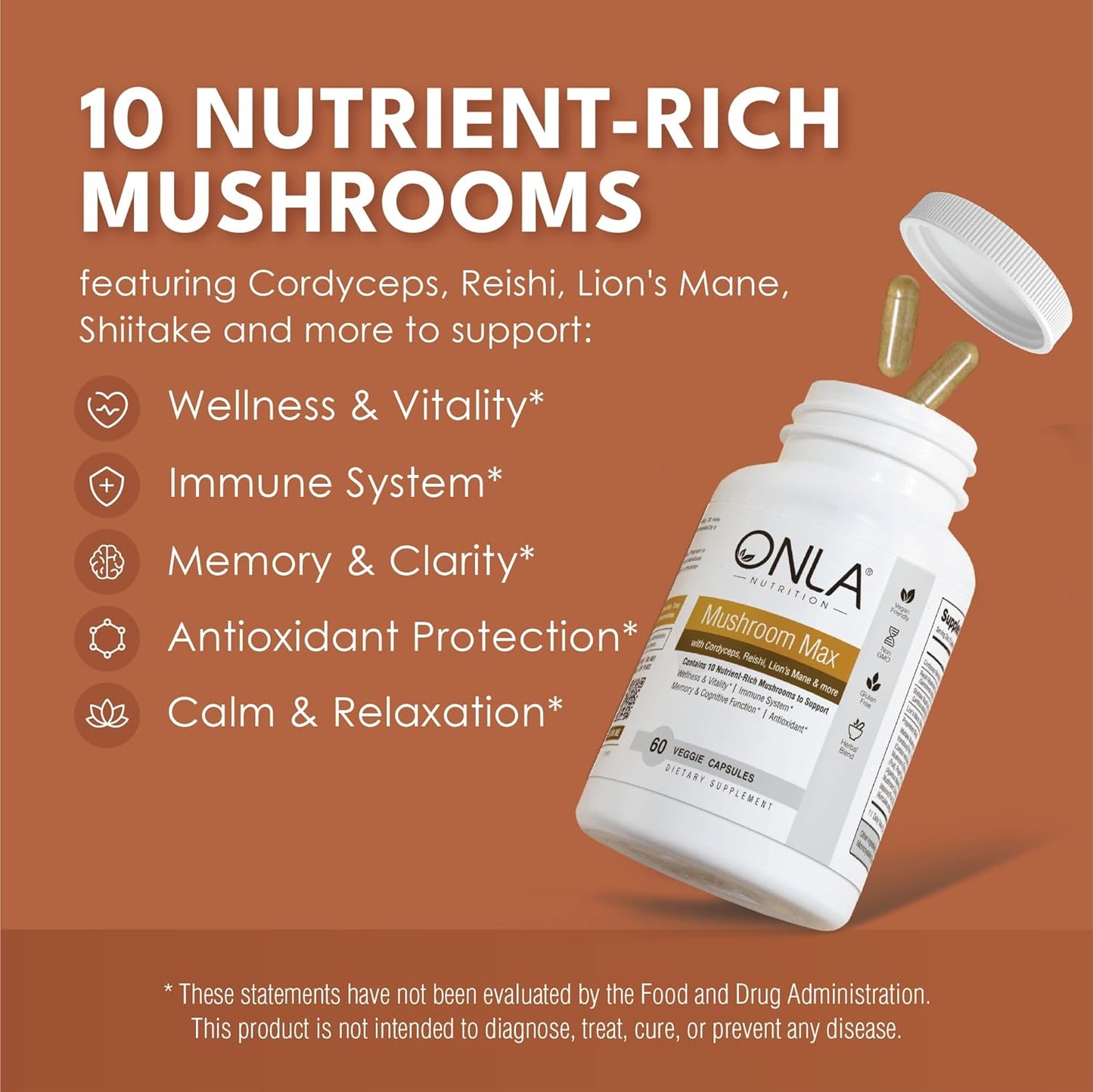 ONLA Vegan Mushroom Supplement - Immune Support & Brain Boost - Lions Mane, Reishi, Cordyceps, Shiitake Capsules (60 ct)