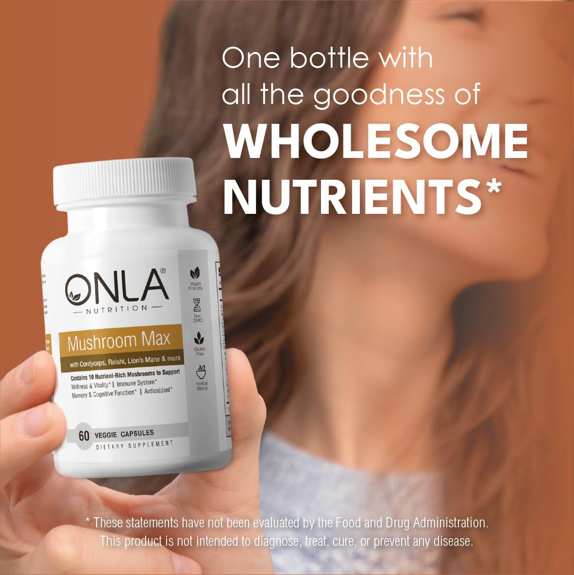 ONLA Vegan Mushroom Supplement - Immune Support & Brain Boost - Lions Mane, Reishi, Cordyceps, Shiitake Capsules (60 ct)