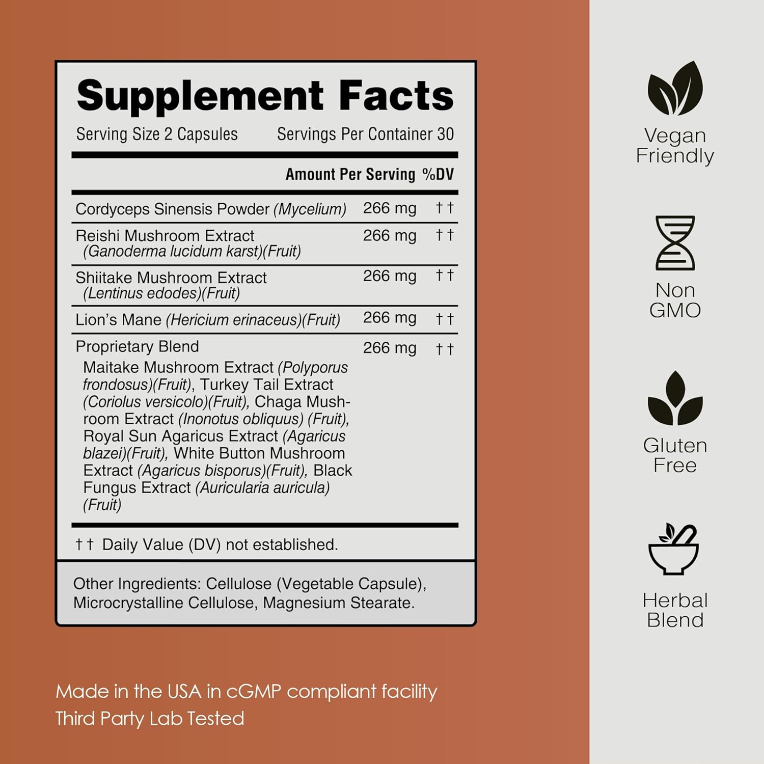 ONLA Vegan Mushroom Supplement - Immune Support & Brain Boost - Lions Mane, Reishi, Cordyceps, Shiitake Capsules (60 ct)