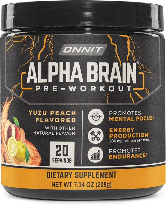ONNIT Alpha Brain Pre-Workout Supplement in Yuzu Peach Flavor - 7.34 oz Tub (20 Servings)