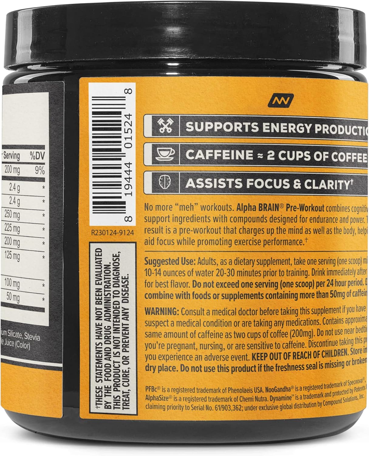 ONNIT Alpha Brain Pre-Workout Supplement in Yuzu Peach Flavor - 7.34 oz Tub (20 Servings)