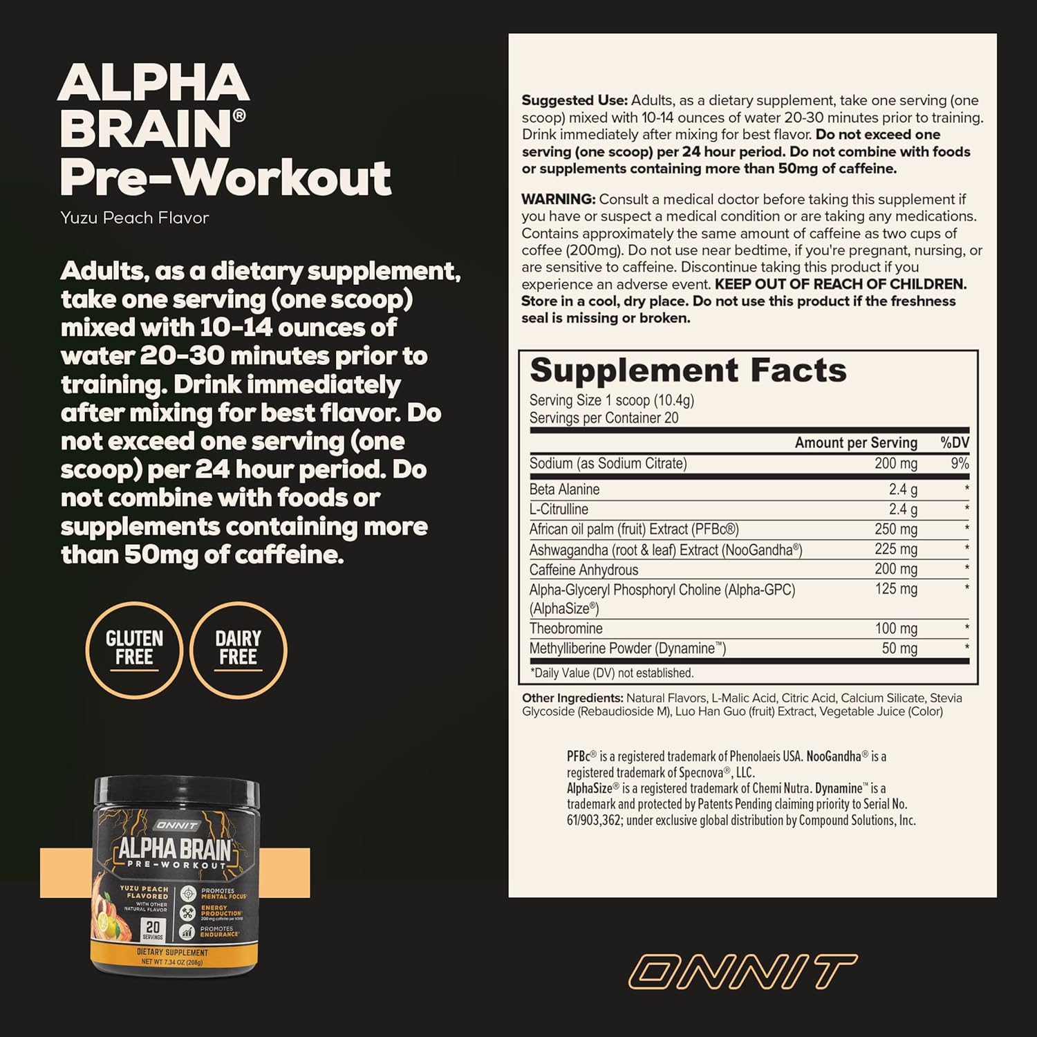 ONNIT Alpha Brain Pre-Workout Supplement in Yuzu Peach Flavor - 7.34 oz Tub (20 Servings)