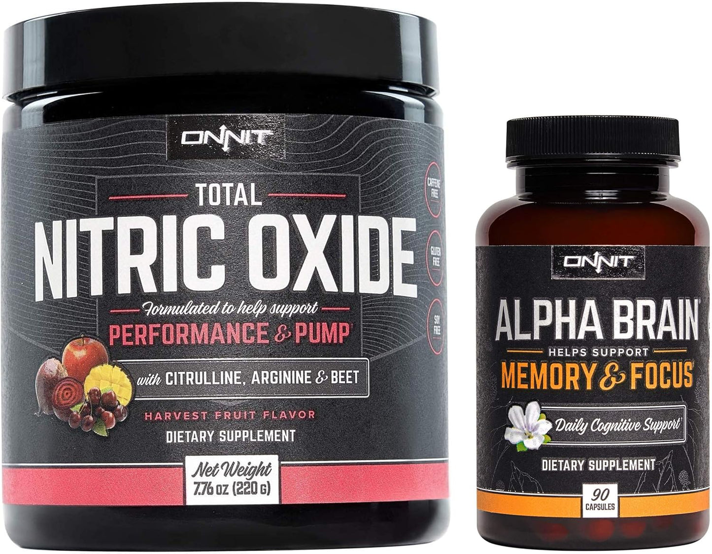 ONNIT Nootropic & Preworkout Stack - Alpha Brain (90ct) & Total Nitric Oxide (Harvest Fruit)