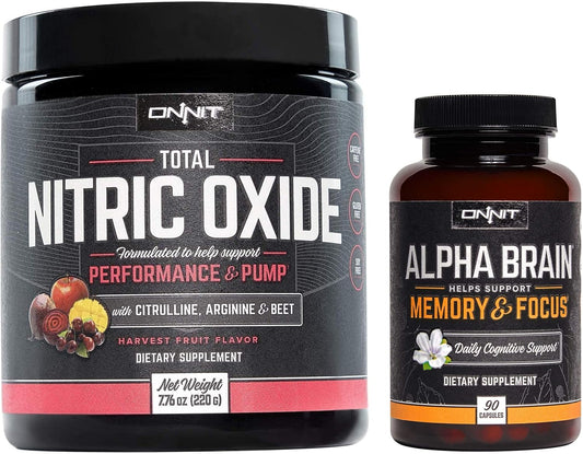 ONNIT Nootropic & Preworkout Stack - Alpha Brain (90ct) & Total Nitric Oxide (Harvest Fruit)