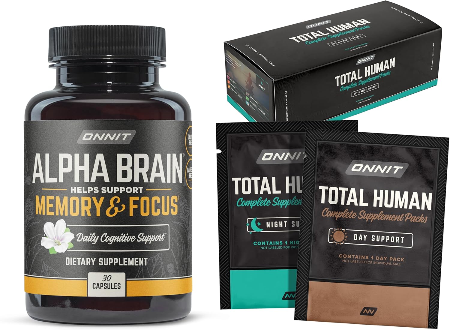 Onnit Premium Alpha Brain & Total Human Vitamin Bundle - Nootropic & Multivitamin Pack for Focus, Memory, and Overall Health (30-Day Supply)