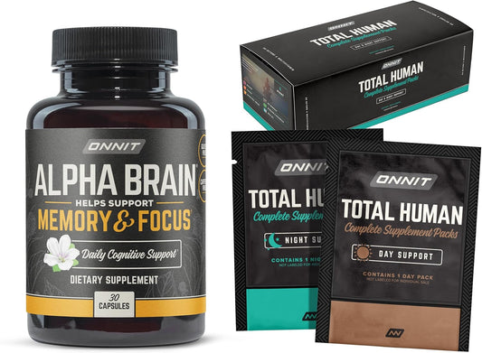 Onnit Premium Alpha Brain & Total Human Vitamin Bundle - Nootropic & Multivitamin Pack for Focus, Memory, and Overall Health (30-Day Supply)