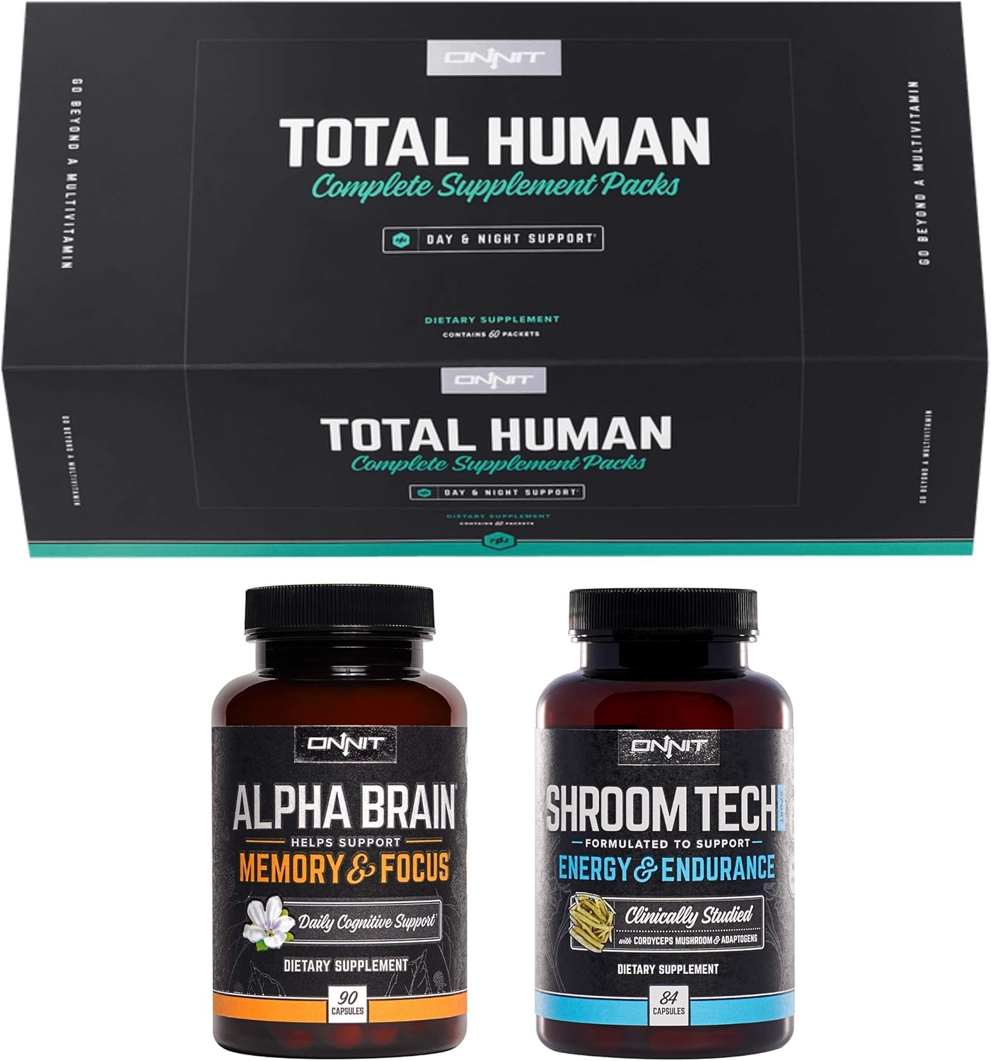 ONNIT Total Human Optimization Stack - Alpha Brain (90ct) + Total Human (60ct) + Shroom Tech Sport (84ct) Supplement Bundle