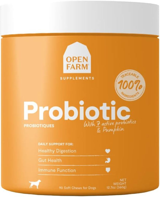 Open Farm Probiotic Chews for Dogs, 12.7 oz - Supports Normal Flora & Bowel Movement with Traceable Ingredients - Vet-Approved Dog Supplement & Vitamins - 90 Count