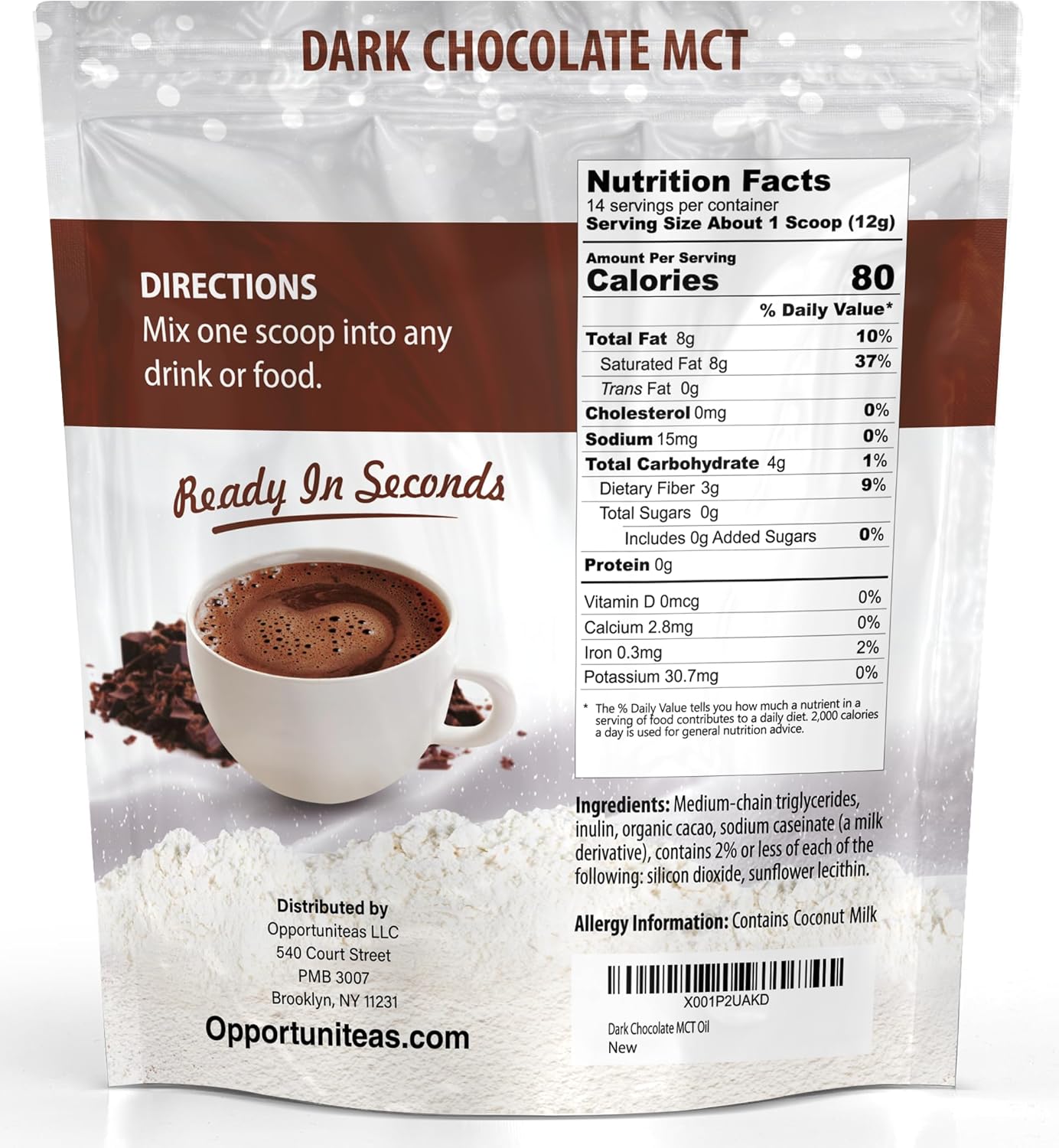 Opportuniteas Dark Chocolate MCT Oil Powder - Keto Creamer for Coffee, Drinks & Smoothies - Boost Energy & Mental Focus - 6 oz