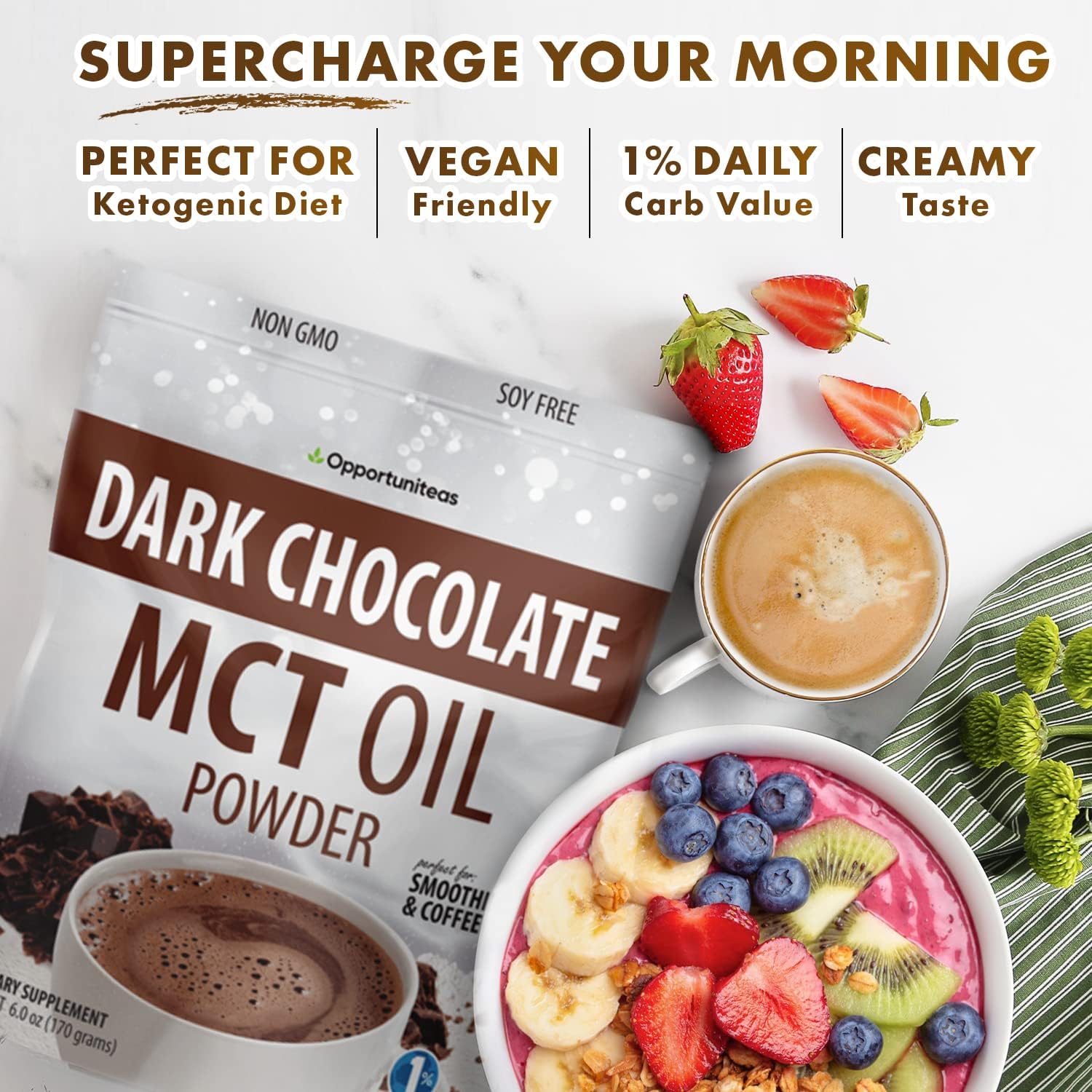 Opportuniteas Dark Chocolate MCT Oil Powder - Keto Creamer for Coffee, Drinks & Smoothies - Boost Energy & Mental Focus - 6 oz