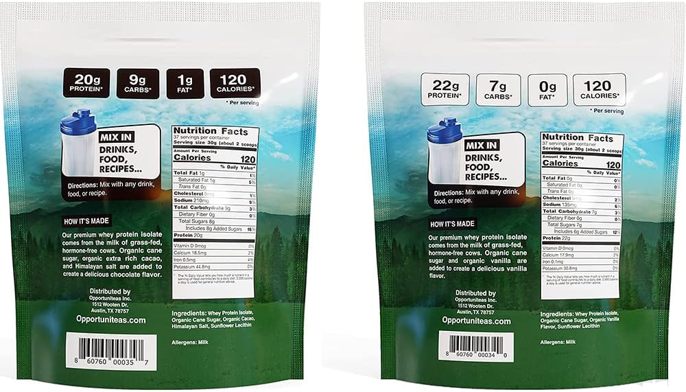 Opportuniteas Grass Fed Vanilla Chocolate Whey Protein Isolate Powder - 20g Protein Powder, No Artificial Sweeteners, Hormone-Free Cows, Non GMO - 5lb Pack - BoostGo Australia