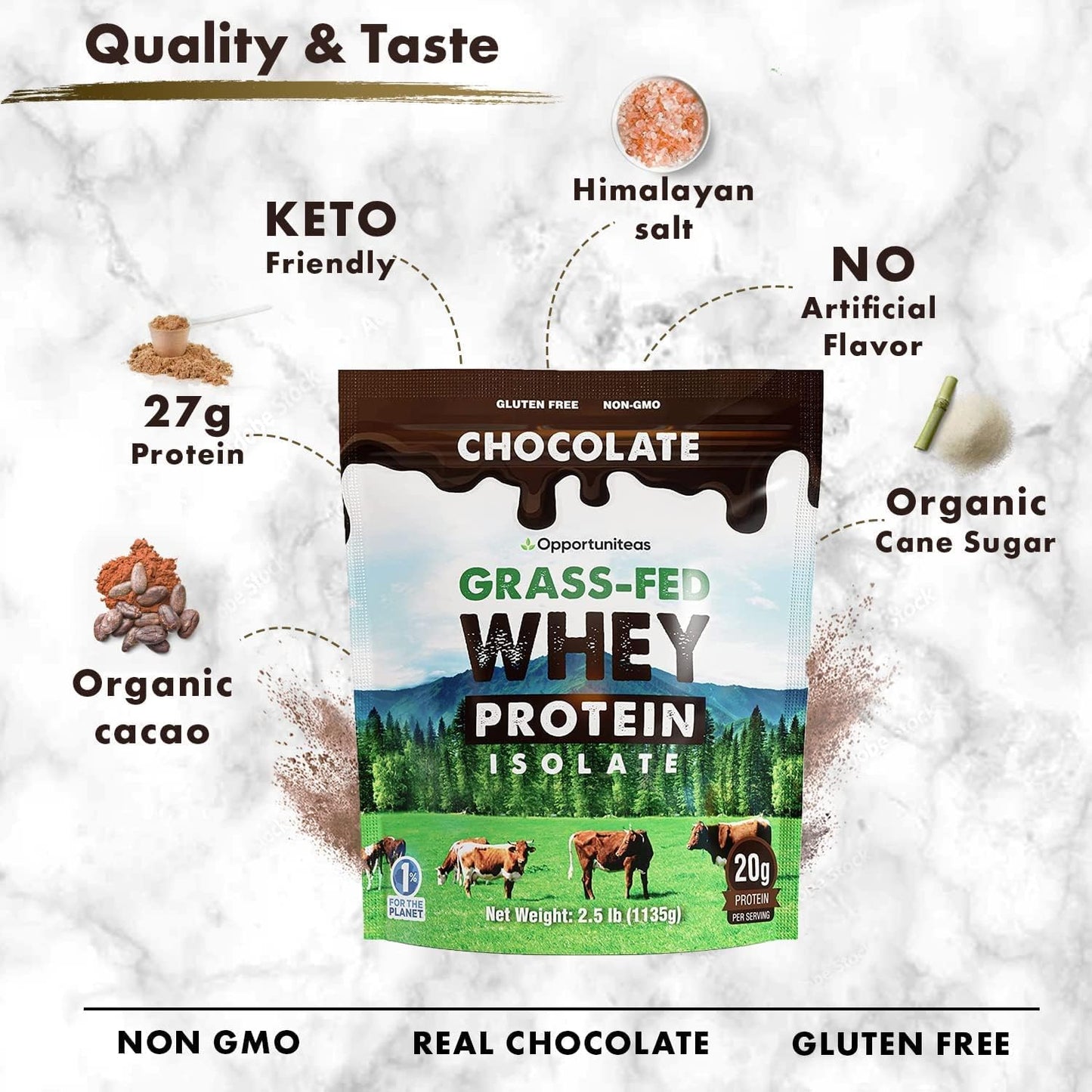 Opportuniteas Grass Fed Vanilla Chocolate Whey Protein Isolate Powder - 20g Protein Powder, No Artificial Sweeteners, Hormone-Free Cows, Non GMO - 5lb Pack - BoostGo Australia