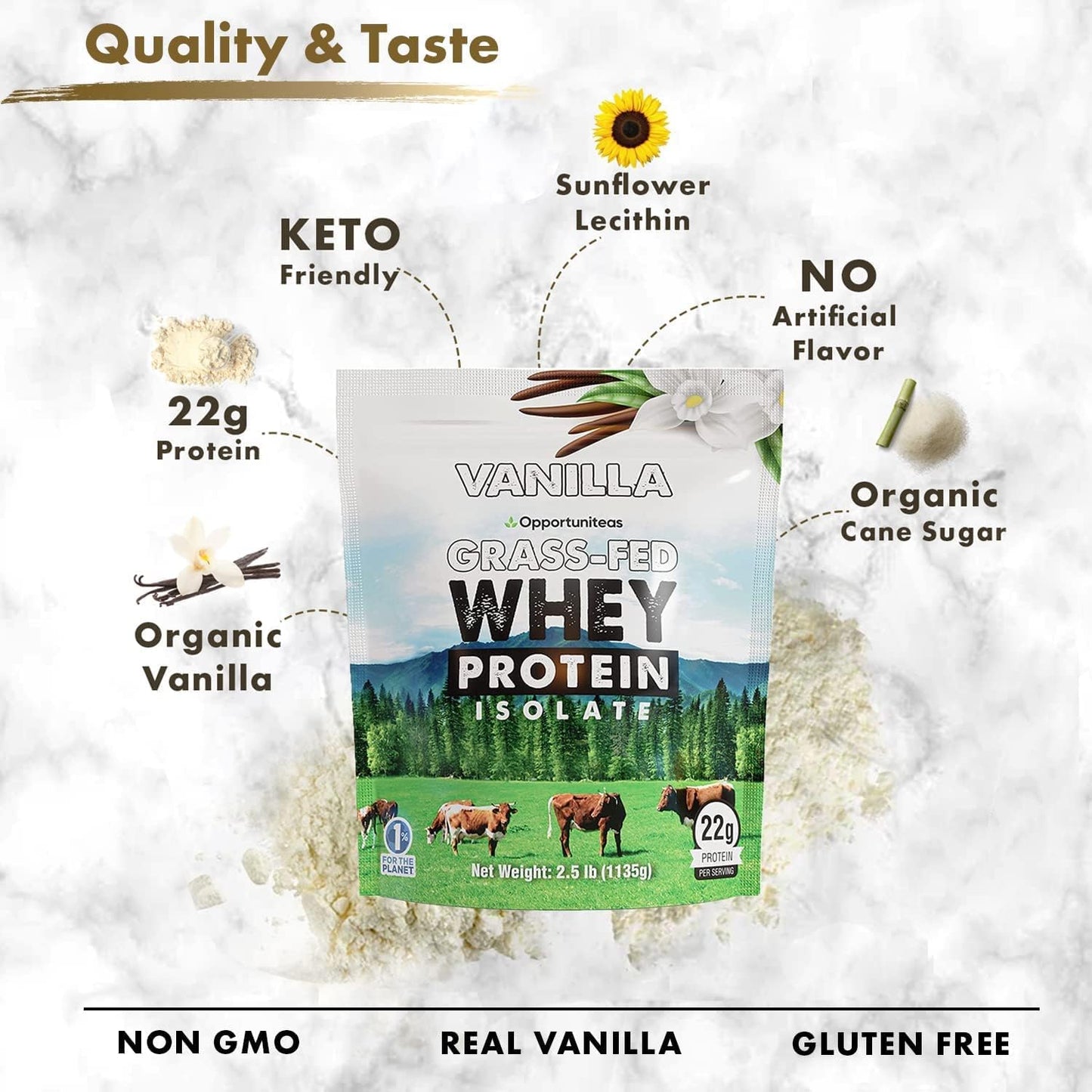 Opportuniteas Grass Fed Vanilla Chocolate Whey Protein Isolate Powder - 20g Protein Powder, No Artificial Sweeteners, Hormone-Free Cows, Non GMO - 5lb Pack - BoostGo Australia