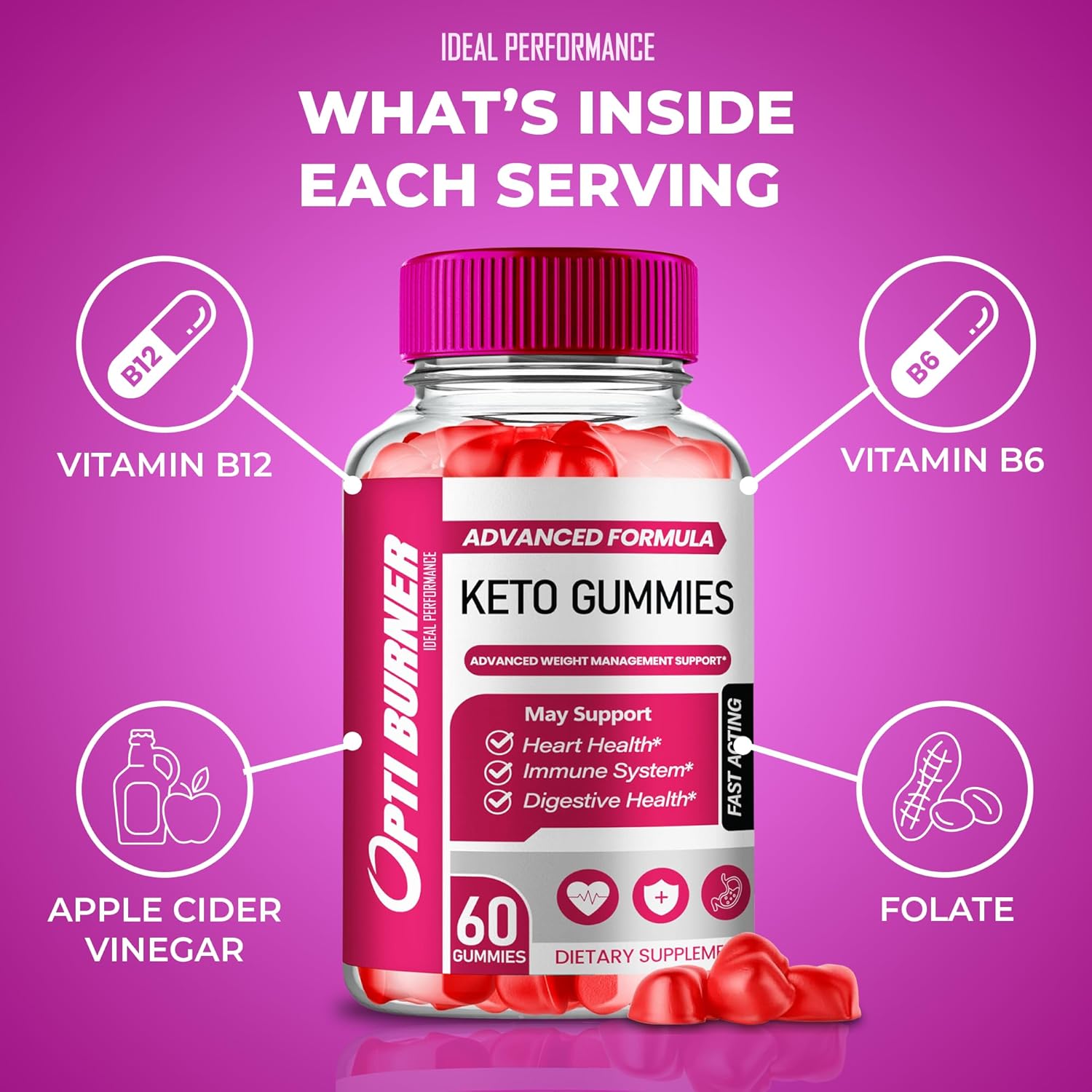 Optiburner Keto Apple Cider Vinegar Gummies 1000MG - Natural Energy Boost with Vitamin B12 and Pomegranate - 5 Pack of Optiburner ACV Keto Gummies - BoostGo Australia