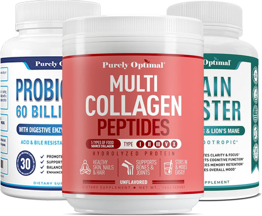 Optimal Probiotics 60 Billion CFU with Collagen Powder and Brain Support Booster