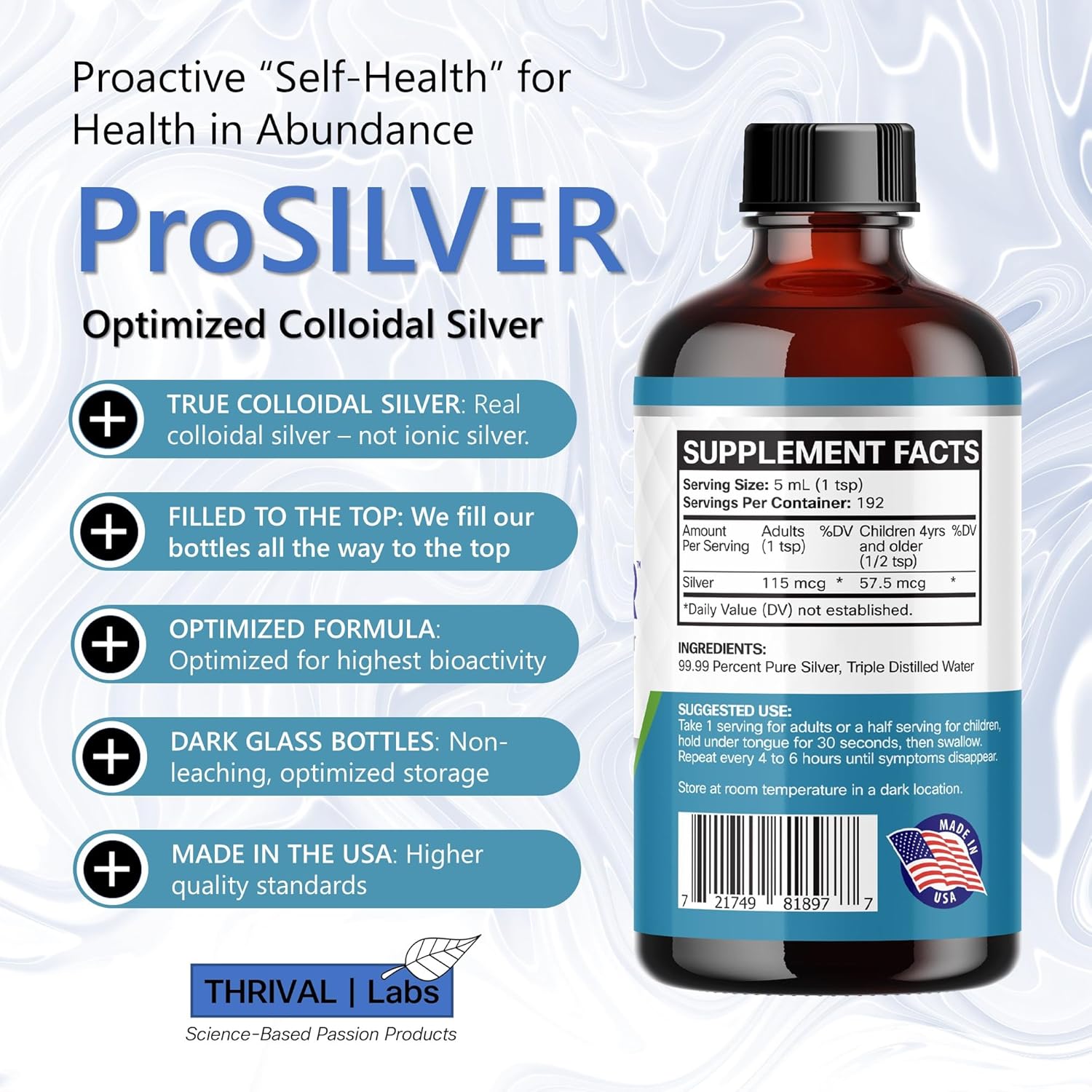 Optimized ProSILVER Blue Label 20 PPM Colloidal Silver Liquid (32oz) for Immune Support by Thrival Labs