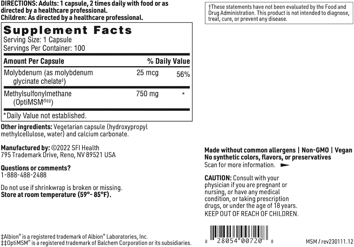 OptiMSM 750 - Clinically Tested Joint Comfort & Structure Support (100 Capsules) by Klaire Labs
