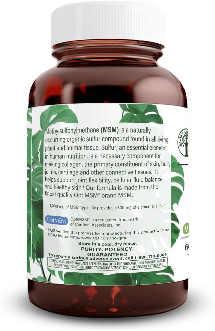 OptiMSM Supplement for Hair, Joint, and Bone Health - 1000mg MSM with Sulfur, Vegan Tablets (120)