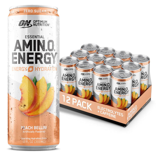Optimum Nutrition Amino Energy Peach Bellini Sparkling Hydration Drink, 12 Fl Oz, 12 Pack - Electrolytes, Caffeine, Amino Acids, BCAAs - Sugar Free