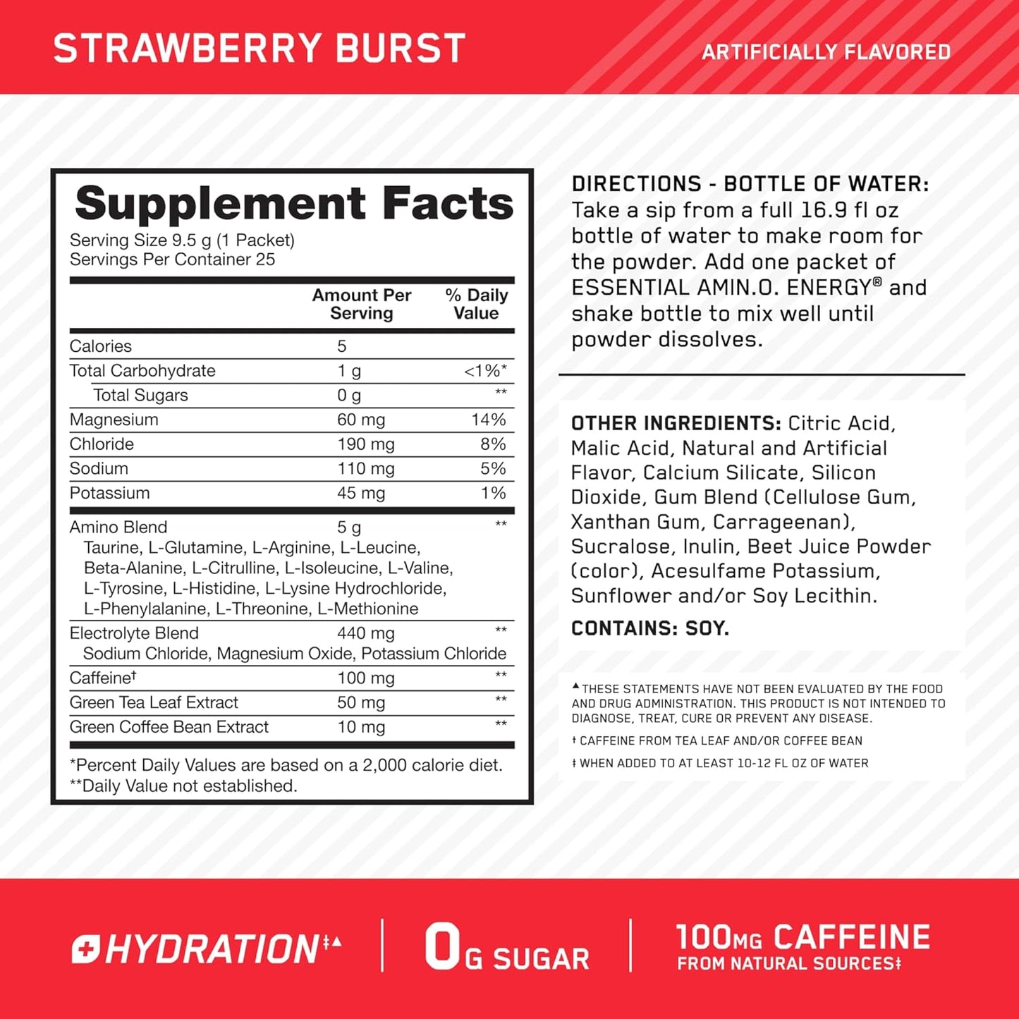 Optimum Nutrition Amino Energy Plus Hydration Strawberry Burst Stick Packs, 25 Pack - On-The-Go Energy Powder