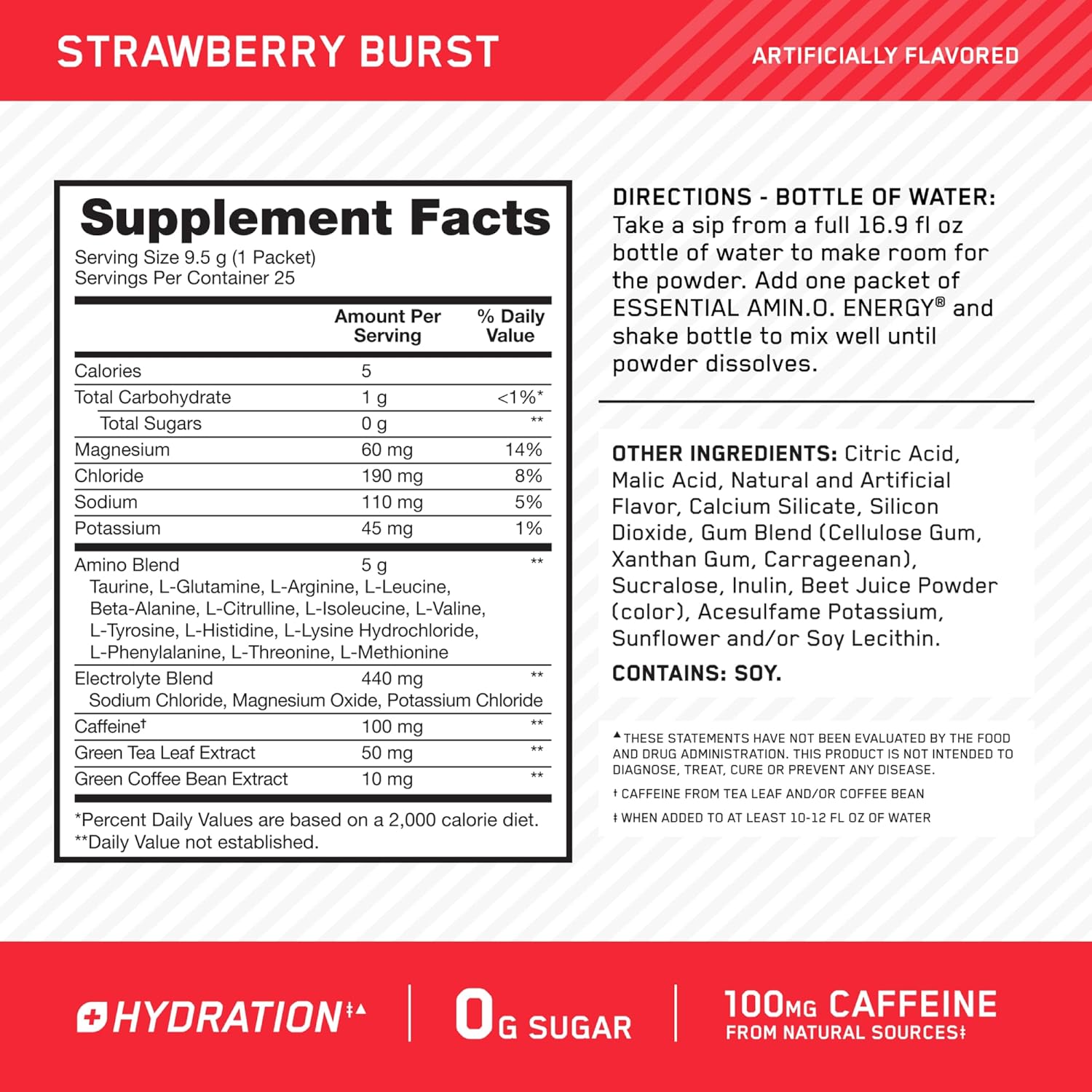Optimum Nutrition Amino Energy Plus Hydration Strawberry Burst Stick Packs, 25 Pack - On-The-Go Energy Powder