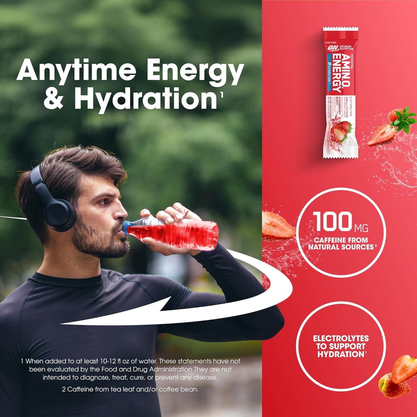 Optimum Nutrition Amino Energy Plus Hydration Strawberry Burst Stick Packs, 25 Pack - On-The-Go Energy Powder
