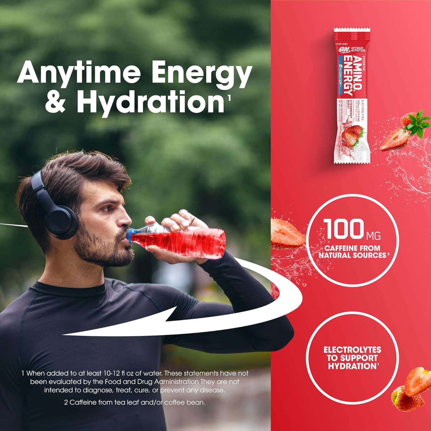 Optimum Nutrition Amino Energy Plus Hydration Strawberry Burst Stick Packs, 25 Pack - On-The-Go Energy Powder