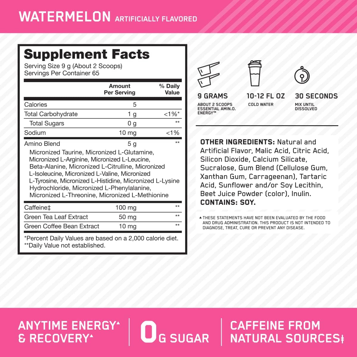 Optimum Nutrition Amino Energy: Pre Workout Powder with Green Tea, BCAA, Amino Acids, Green Coffee Extract - Watermelon Flavor, 65 Servings