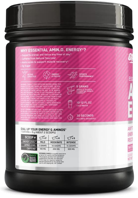 Optimum Nutrition Amino Energy: Pre Workout Powder with Green Tea, BCAA, Amino Acids, Green Coffee Extract - Watermelon Flavor, 65 Servings