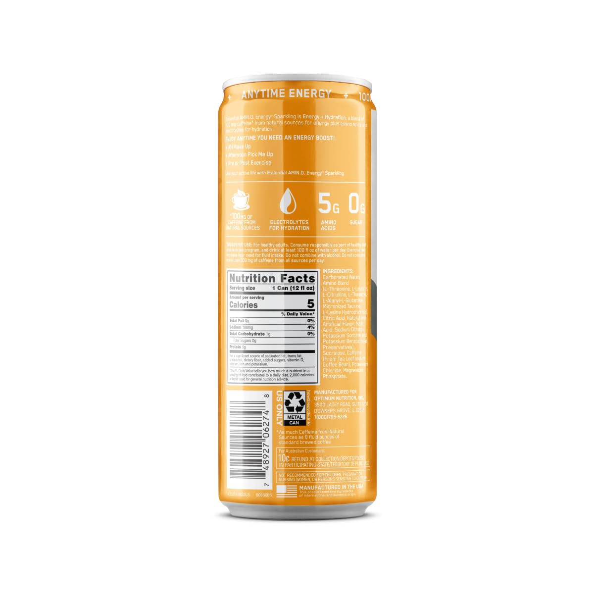 Optimum Nutrition Amino Energy Sparkling Hydration Drink - Mango Pineapple Limeade Flavor, 12 Pack, Electrolytes, Caffeine, BCAAs, Sugar Free
