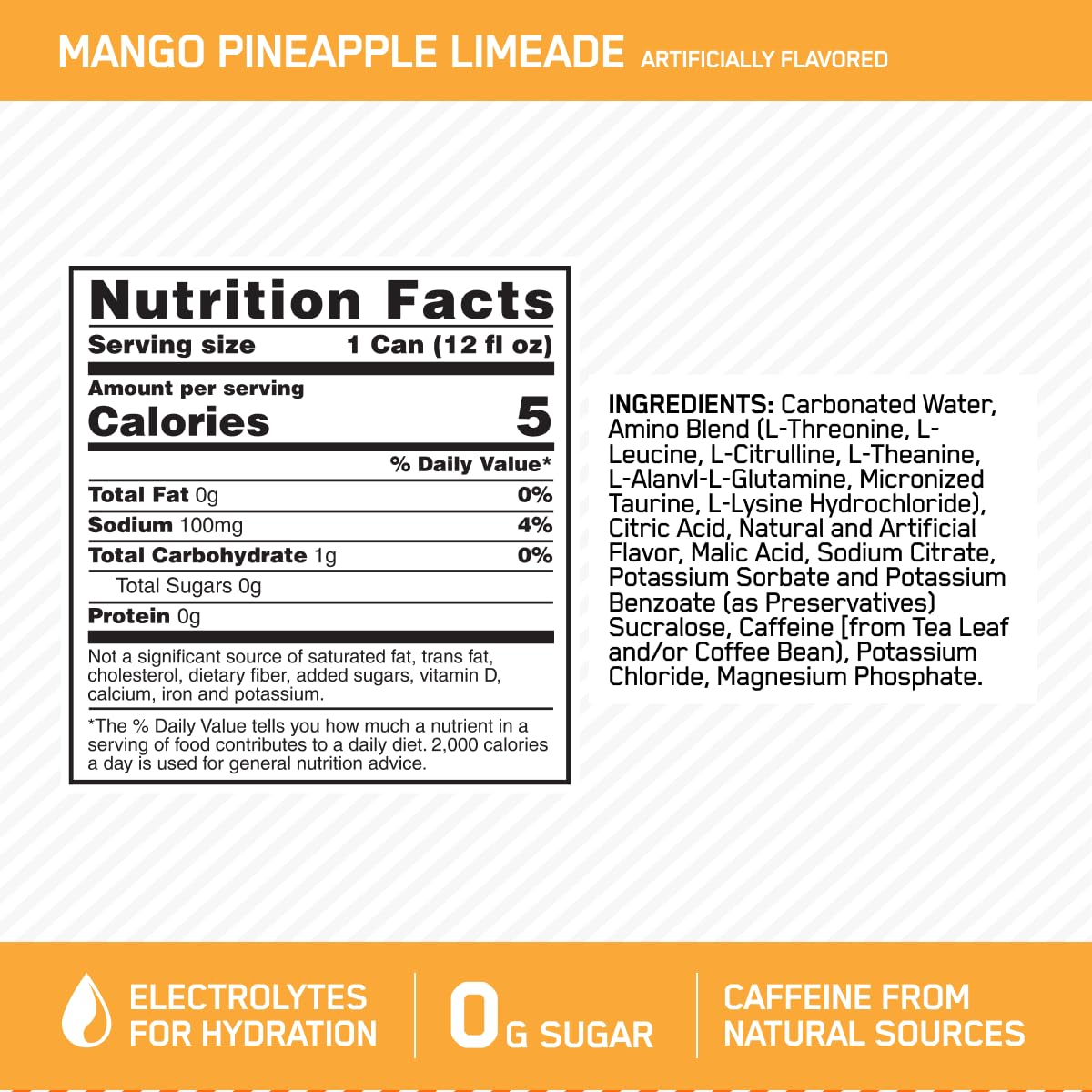 Optimum Nutrition Amino Energy Sparkling Hydration Drink - Mango Pineapple Limeade Flavor, 12 Pack, Electrolytes, Caffeine, BCAAs, Sugar Free