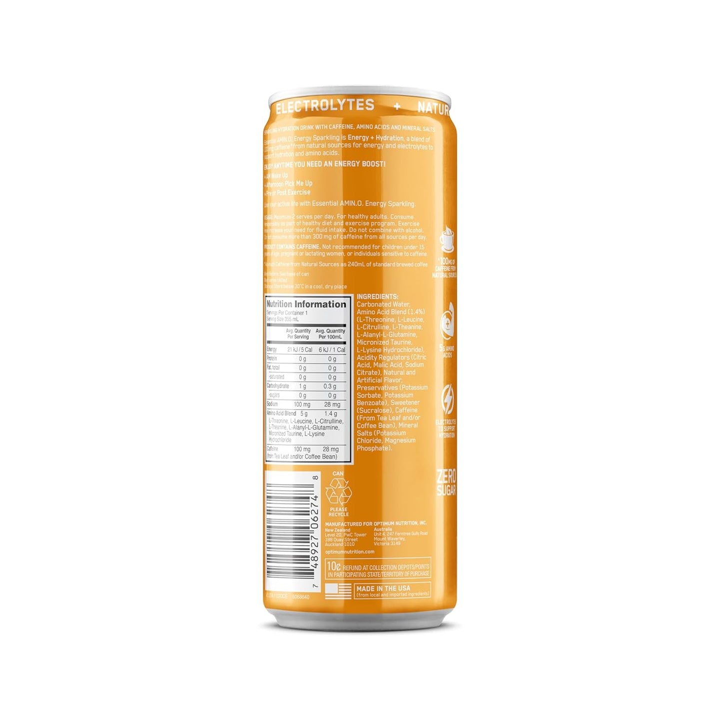 Optimum Nutrition Amino Energy Sparkling Hydration Drink - Mango Pineapple Limeade Flavor, 12 Pack, Electrolytes, Caffeine, BCAAs, Sugar Free