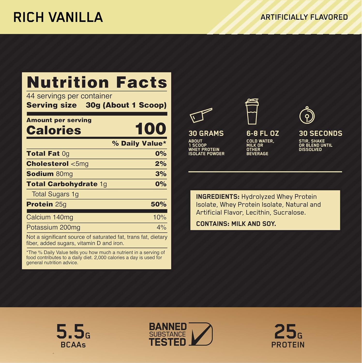 Optimum Nutrition Gold Standard 100% Isolate Vanilla Protein Powder - 2.91 lbs, 44 Servings