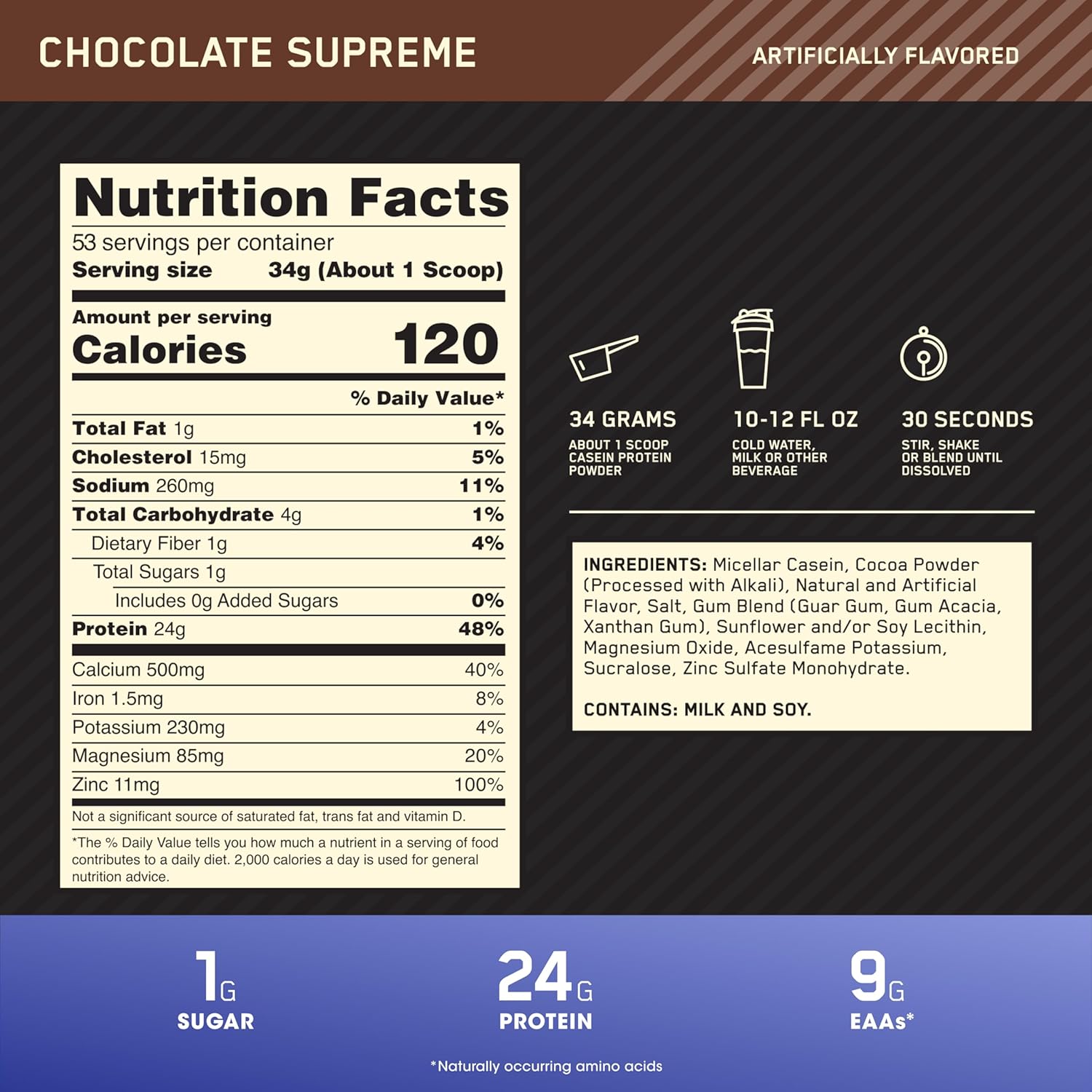 Optimum Nutrition Gold Standard 100% Micellar Casein Protein Powder - Slow Digesting Chocolate Supreme - 4 Pound - Overnight Muscle Recovery & Satiety