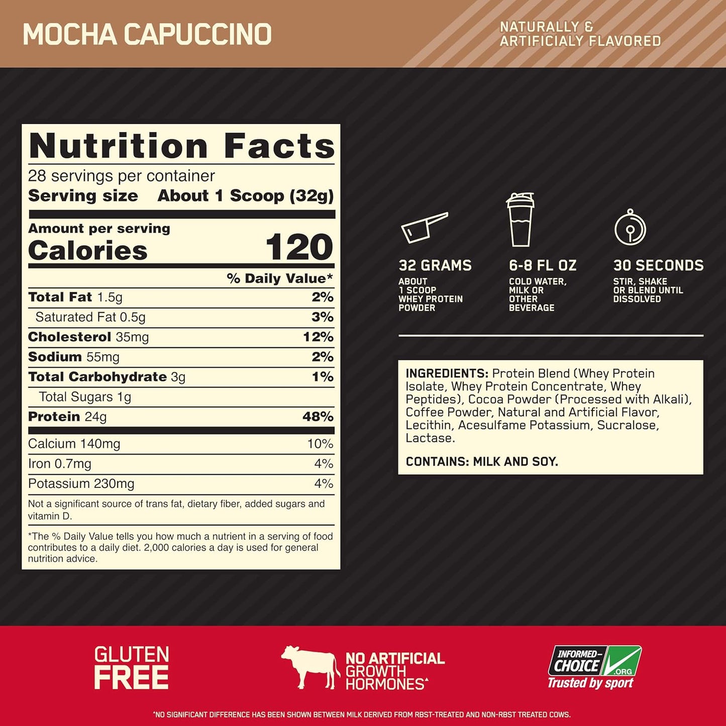 Optimum Nutrition Gold Standard 100% Whey Protein Powder in Mocha Cappuccino Flavor, 2 lbs