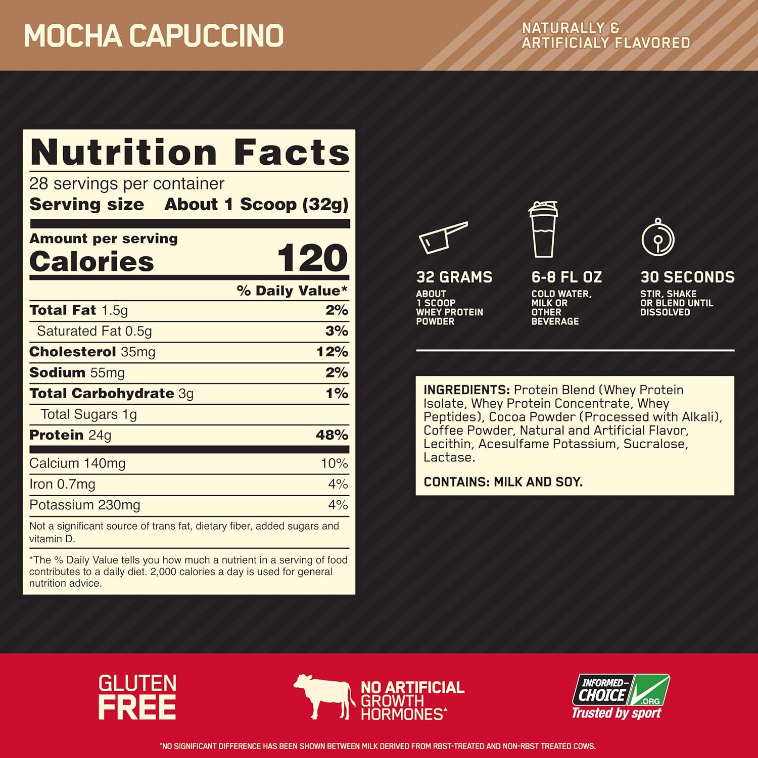 Optimum Nutrition Gold Standard 100% Whey Protein Powder in Mocha Cappuccino Flavor, 2 lbs