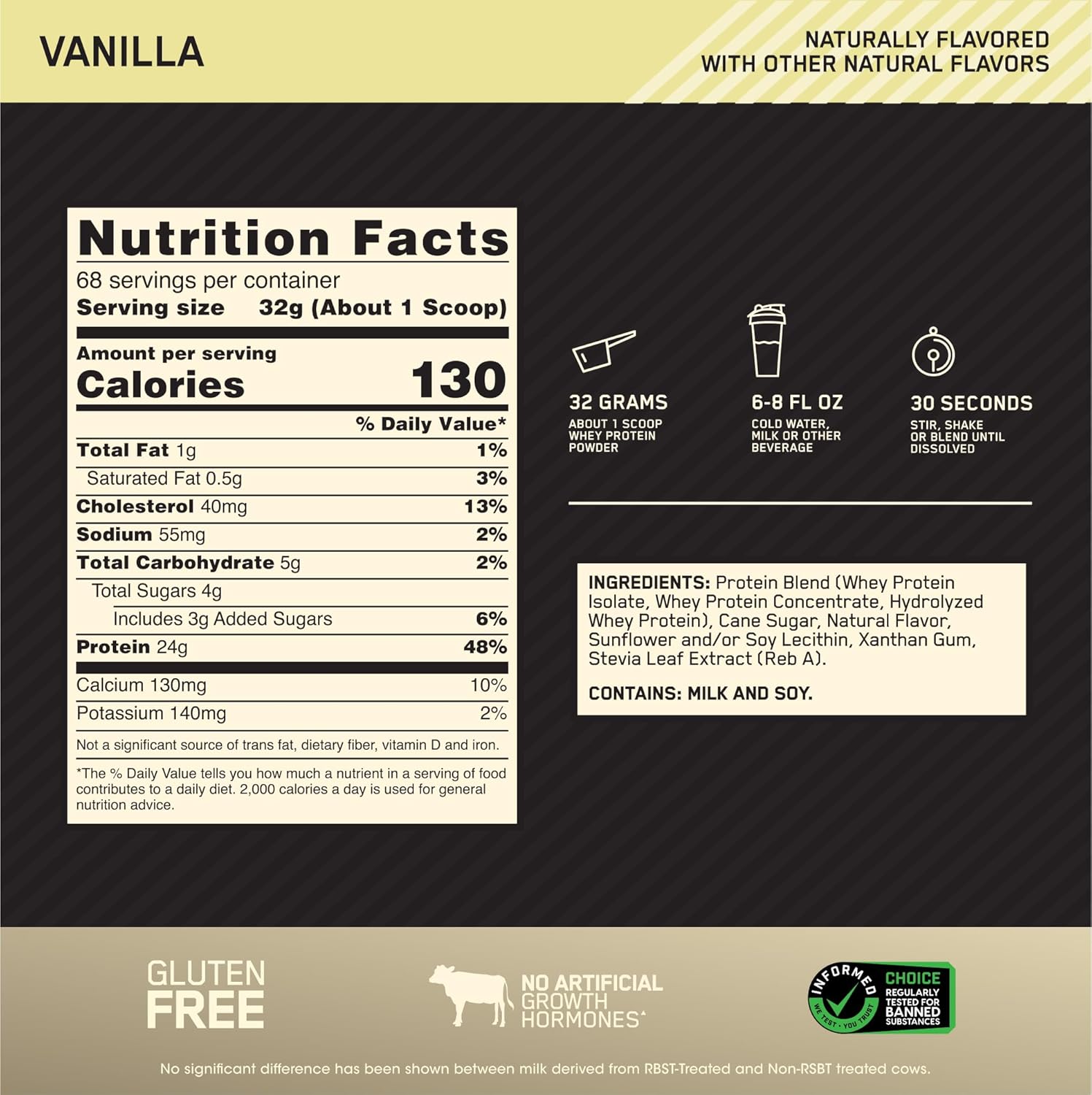 Optimum Nutrition Gold Standard 100% Whey Protein Powder - Vanilla Flavor, 76.8 Ounce - Pack of 4.8