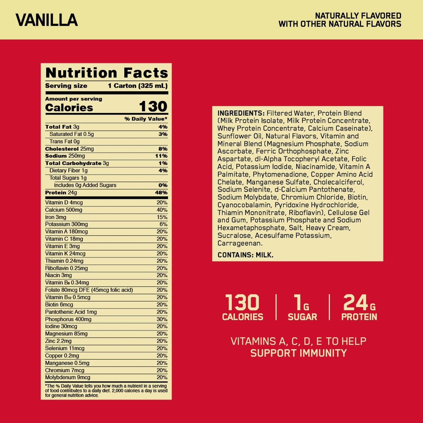 Optimum Nutrition Gold Standard Vanilla Protein Shake, 24g Protein, Ready-to-Drink, Gluten-Free, Immune Support, 11 Fl Oz, 12 Pack