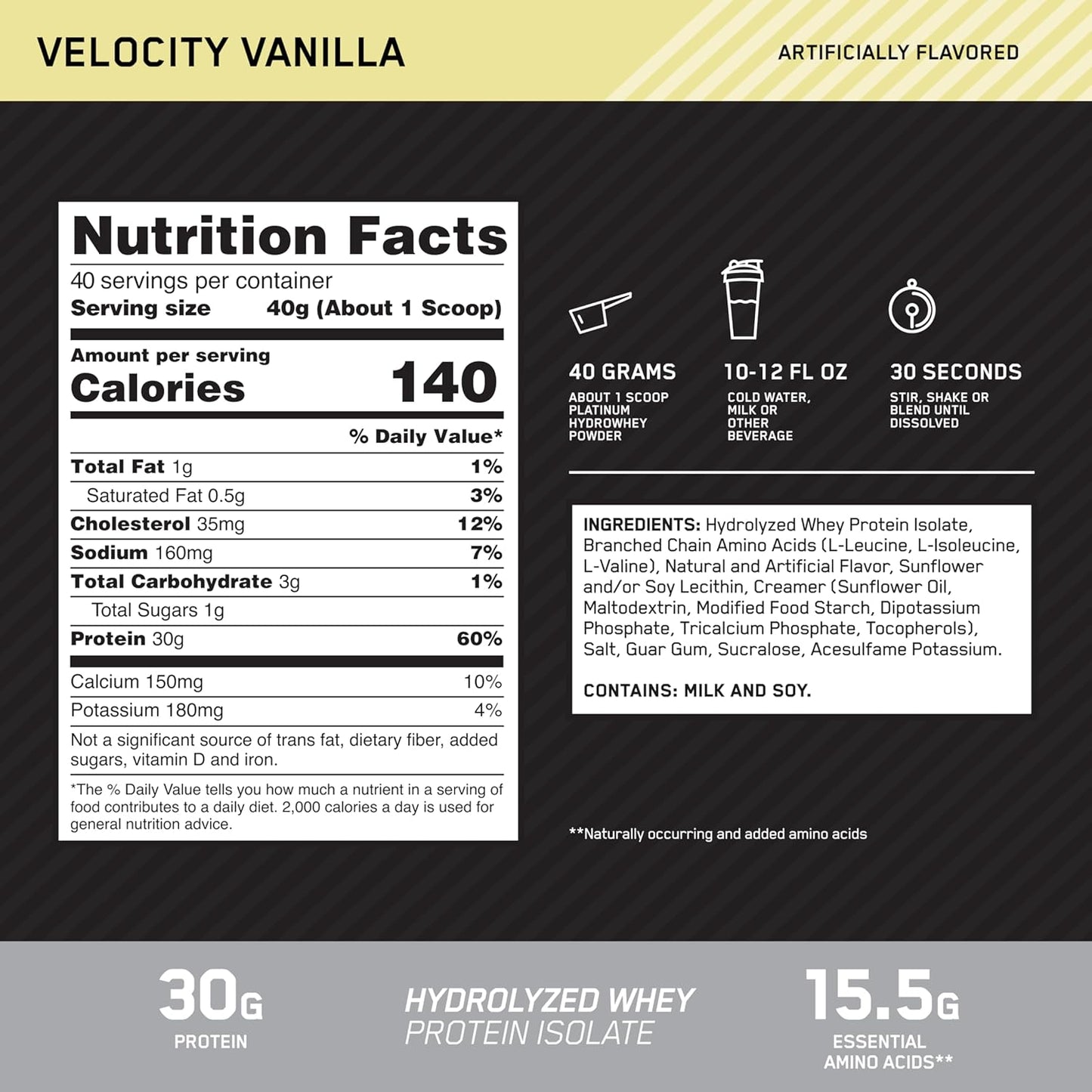 Optimum Nutrition Platinum Hydrowhey Velocity Vanilla Protein Powder, 100% Hydrolyzed Whey Isolate, 3.5 lbs