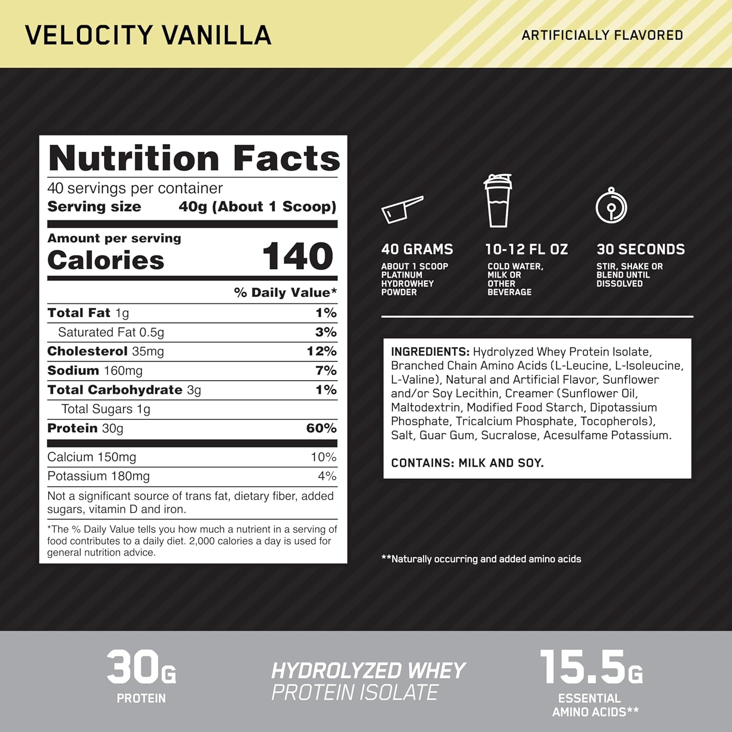 Optimum Nutrition Platinum Hydrowhey Velocity Vanilla Protein Powder, 100% Hydrolyzed Whey Isolate, 3.5 lbs