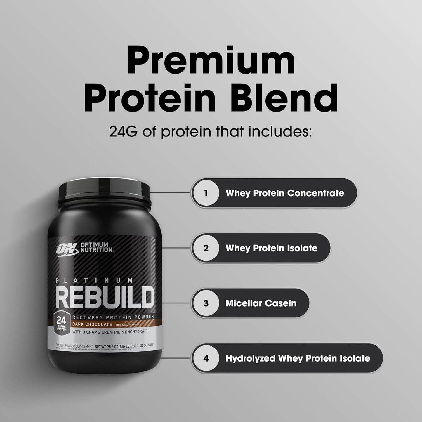 Optimum Nutrition Platinum Rebuild Dark Chocolate Protein Powder with Creatine Monohydrate - 20 Servings