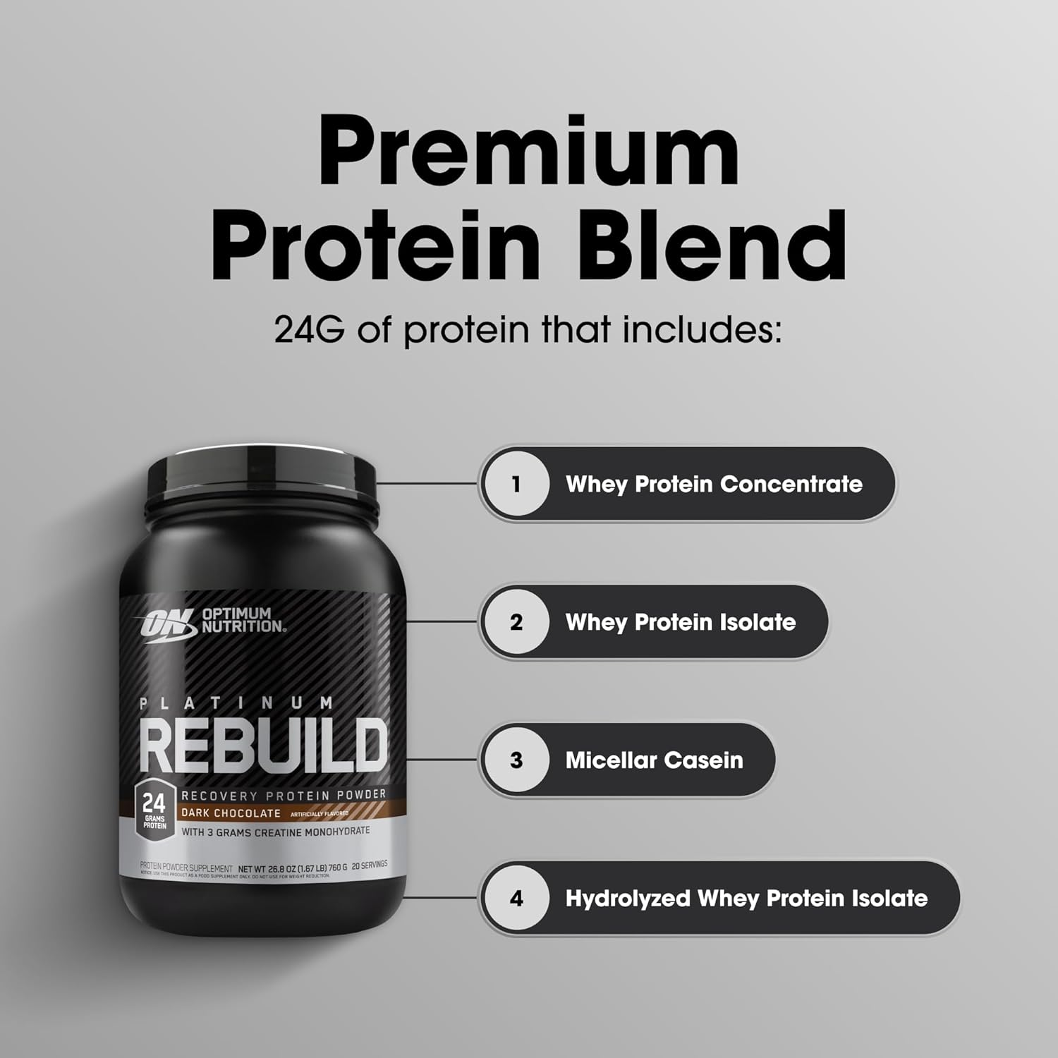Optimum Nutrition Platinum Rebuild Dark Chocolate Protein Powder with Creatine Monohydrate - 20 Servings