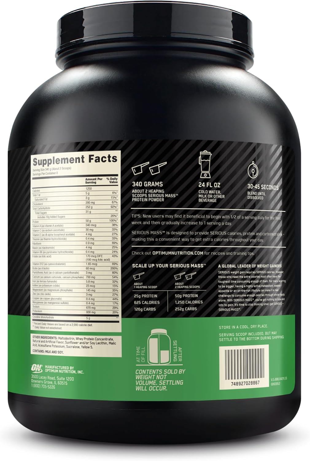 Optimum Nutrition Serious Mass Weight Gainer Protein Powder with Vitamin C and Zinc, Creatine, Banana Flavor, 6 Pound Pack