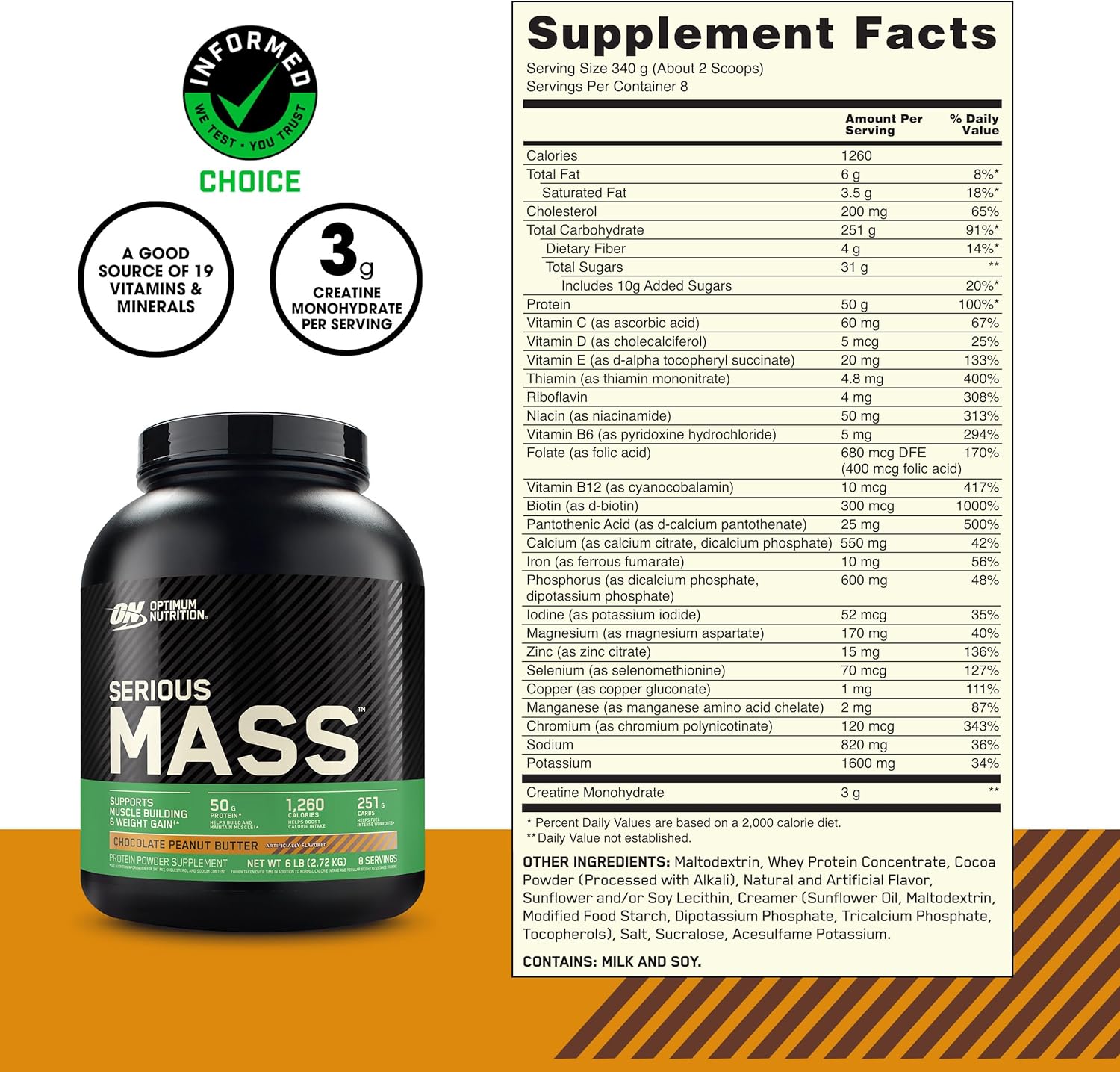 Optimum Nutrition Serious Mass Weight Gainer Protein Powder with Vitamin C and Zinc, Creatine, Chocolate Peanut Butter Flavor - 6 lb Pack