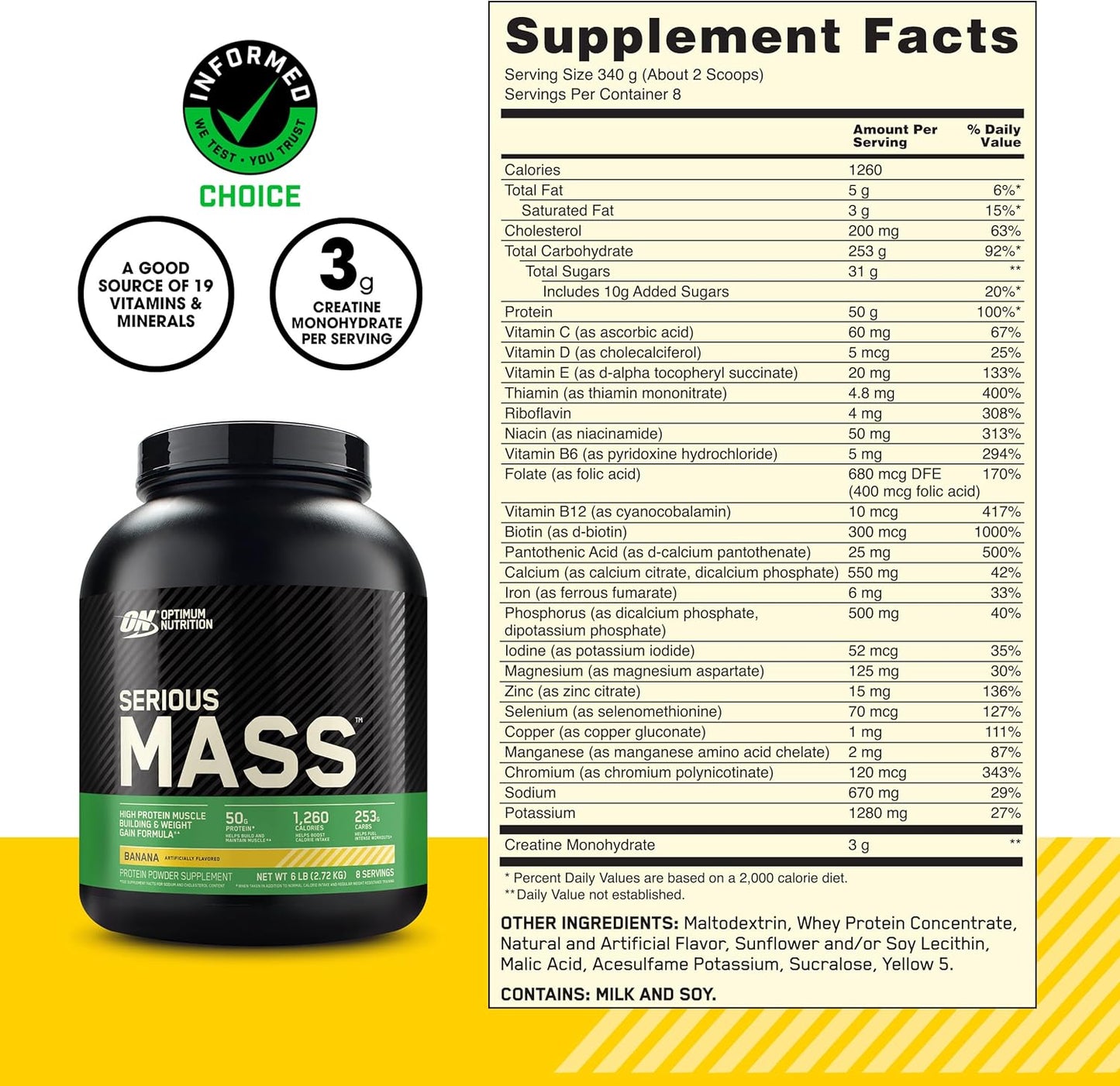 Optimum Nutrition Serious Mass Weight Gainer Protein Powder with Vitamin C and Zinc, Creatine, Banana Flavor, 6 Pound Pack